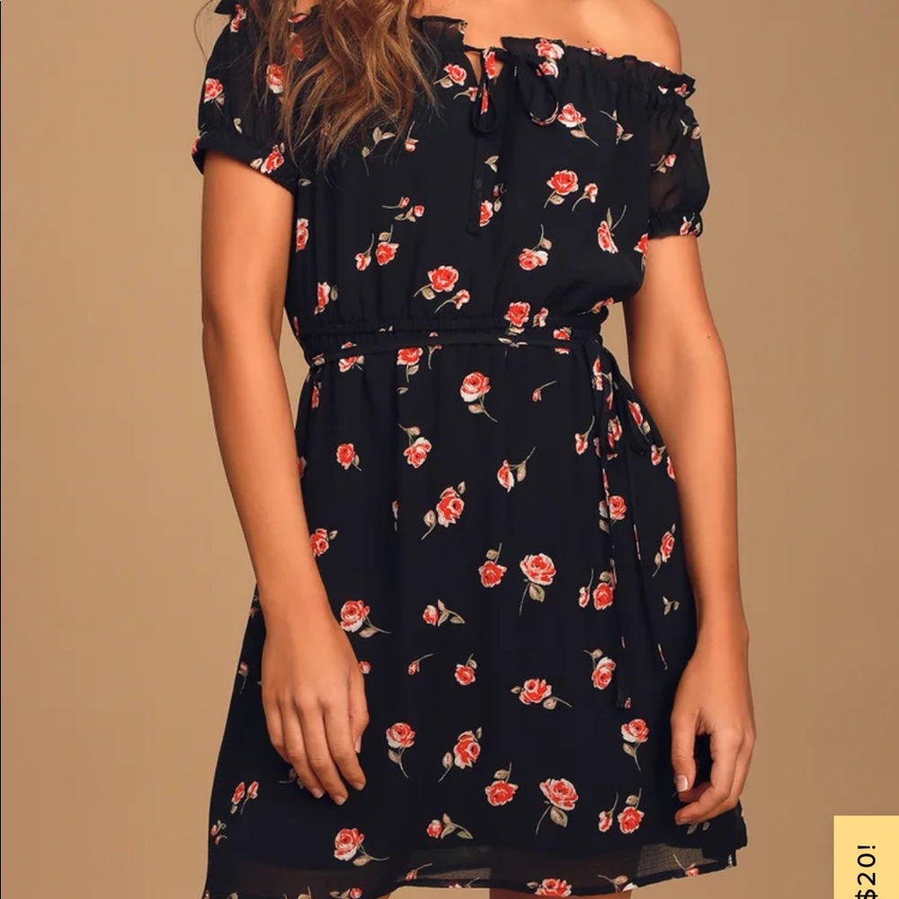 Lulus Bold Blooms Black Floral Print Ruffled Off-the-Shoulder Dress